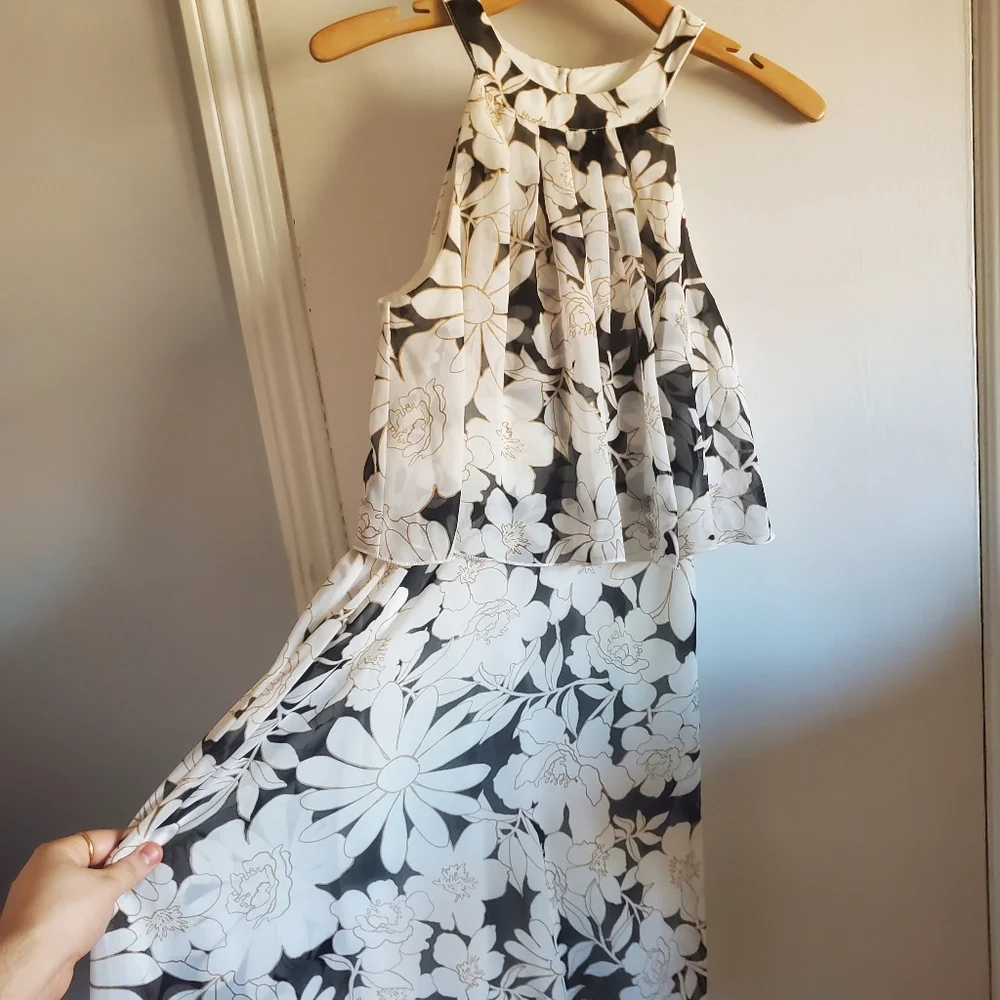Stella & Julie Black And White Floral Midi  Dress Ruffled Top Size 6 Cocktail